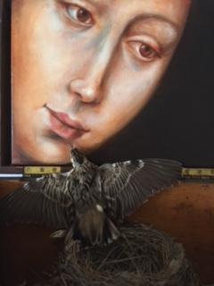 Oil on canvas, preserved bird, found nest, vintage box